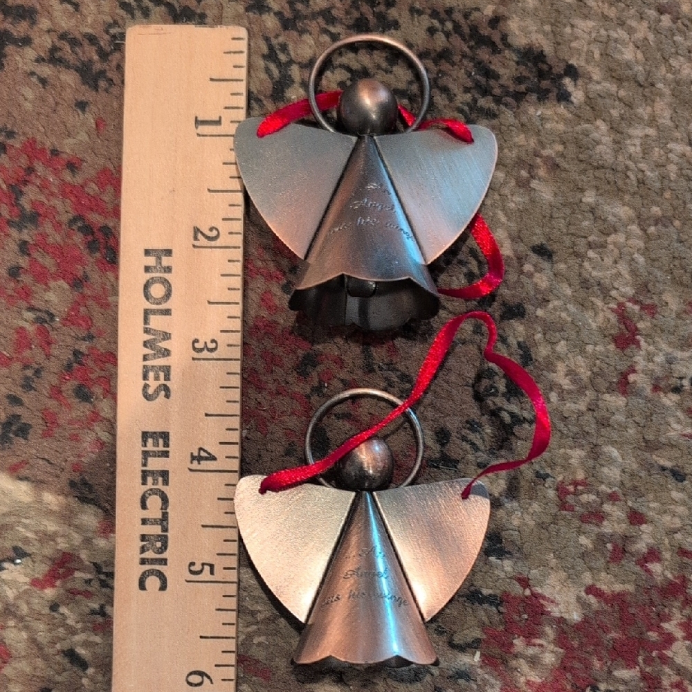Charming bronze tone Angel Ornament/bells with Red ribbon set of 2